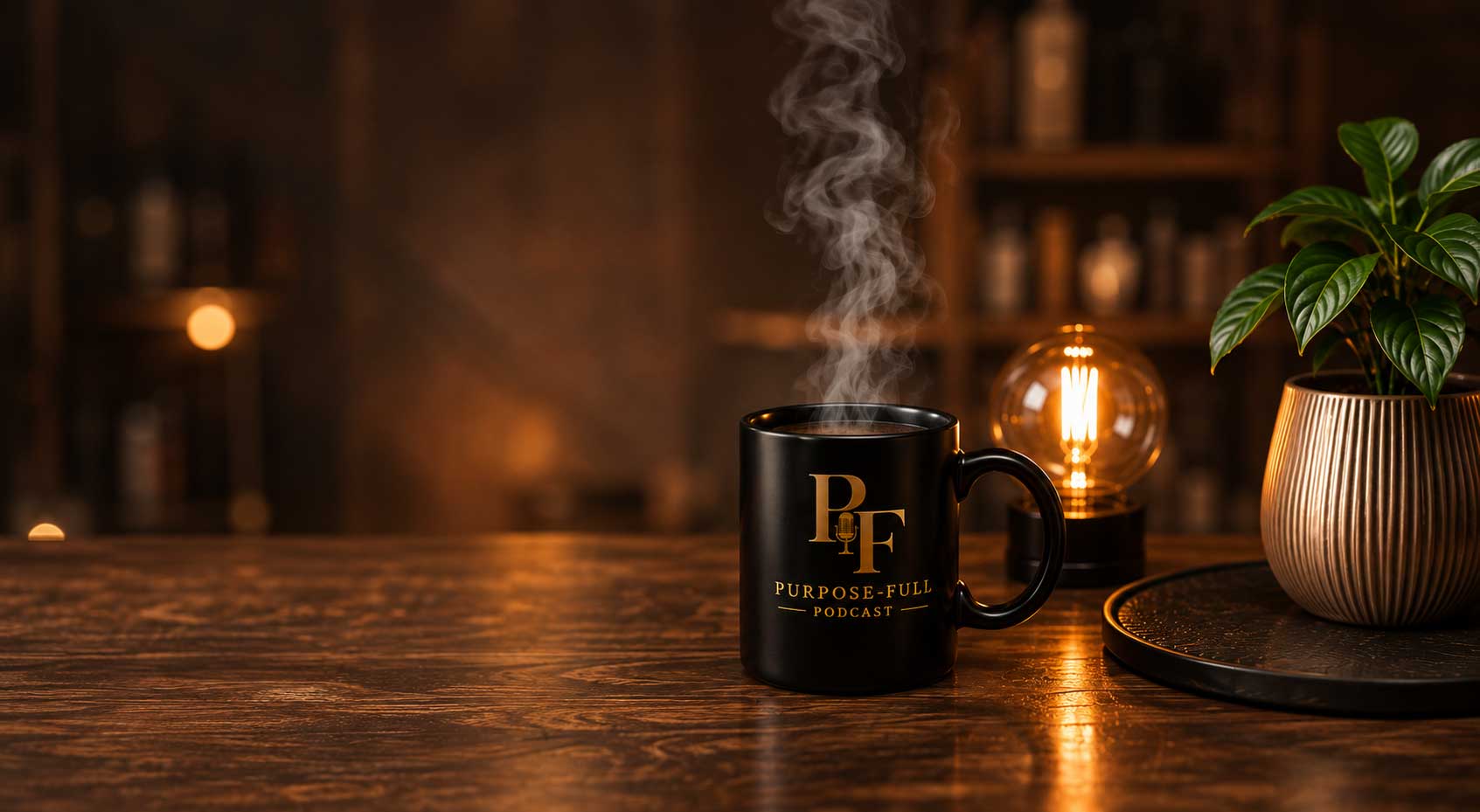 A warm studio table with a PURPOSE-FULL mug glowing by lamplight